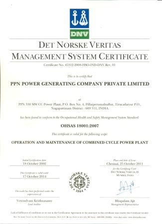 ISO 18001:2007 Occupational Health and Safety Management System Certificate from M/s Det Norske Veritas
